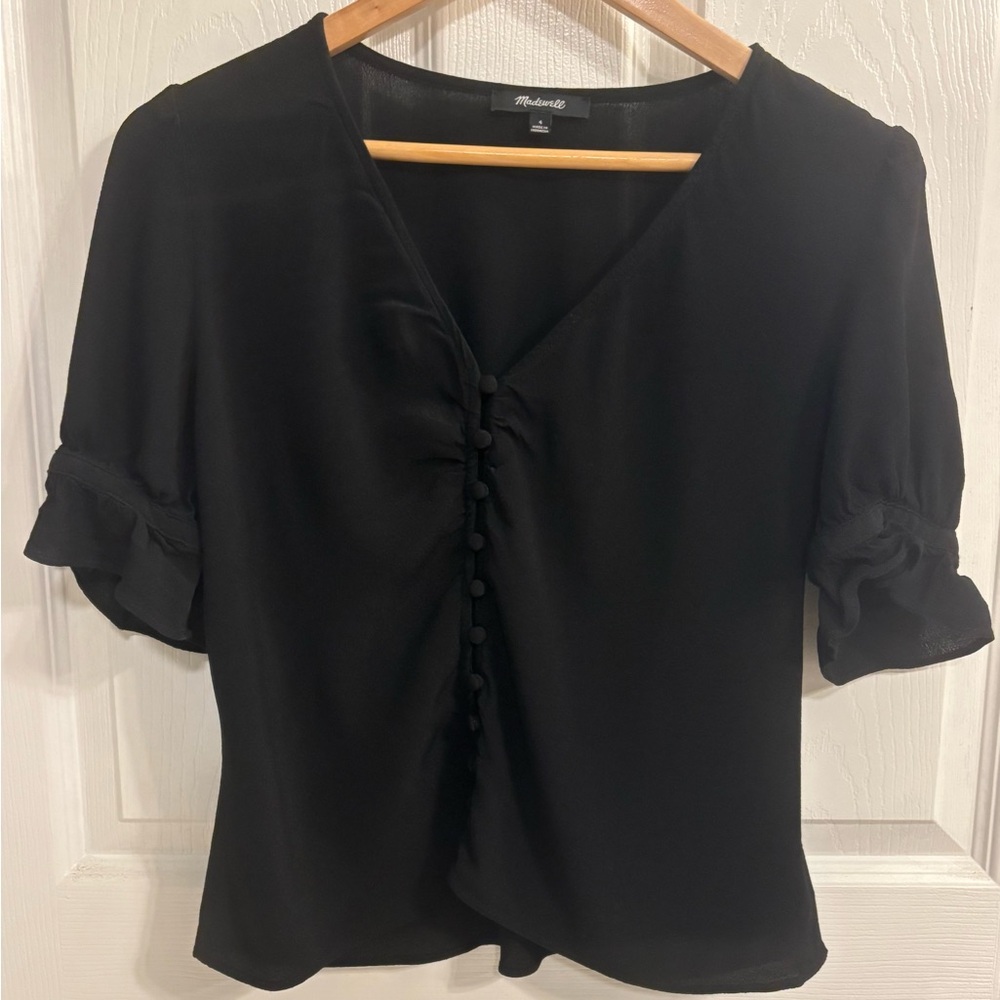 Madewell Daylight Shirred Top Black Womens 4 Button Front Peplum Blouse